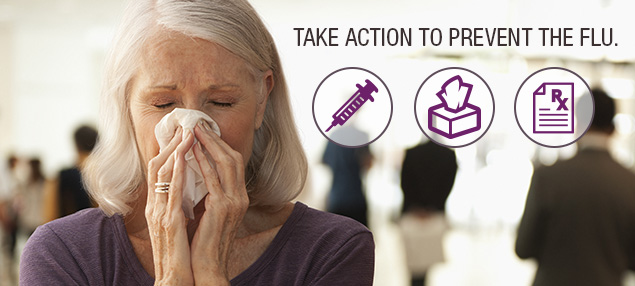 Take Action to Prevent the Flu photo of a woman blowing her nose with a flu shot, box of tissue, and prescription in three circles. 